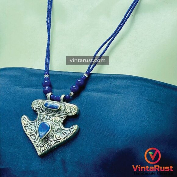 Handmade Lapis Lazuli Necklace, Tribal Beaded Chain Pendant Necklace, Gemstone - Picture 7 of 15